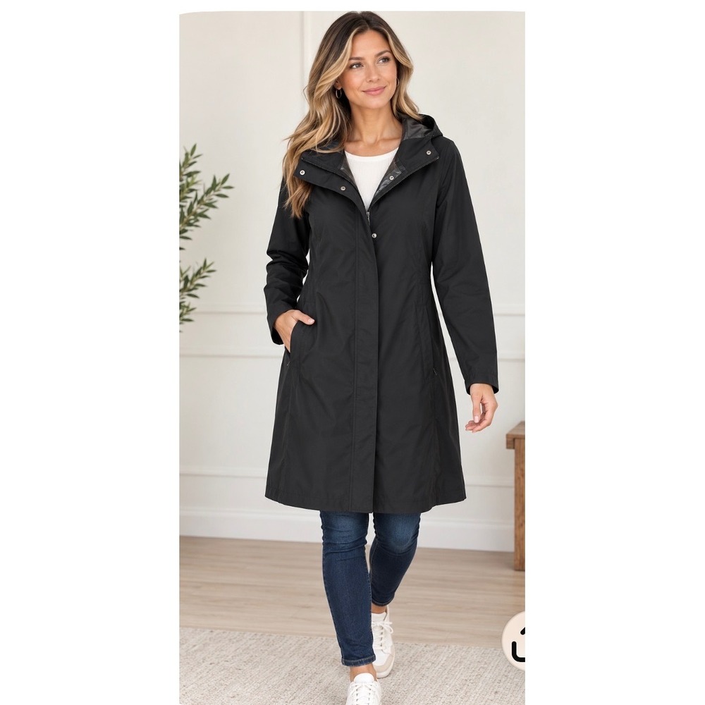 Zella Women Black Hooded Raincoat Longline Water Resistant Jacket Size S